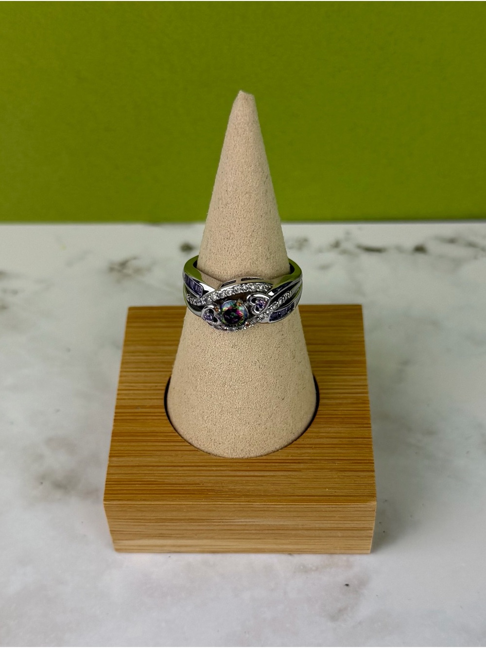 925 Sterling Silver Mystic Fire Topaz Amethyst Bypass Heart Ring – Size 8